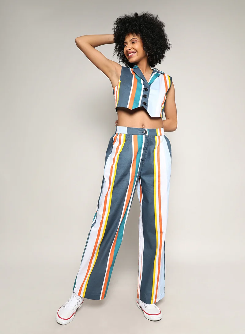كامبوس سوترا Women's Multicolour Striped Vest Co-Ord Set For Casual Wear | Lapel Collar | No Sleeves | Button Closure | Co-Ords Crafted With Comfort Fit For Everyday Wear